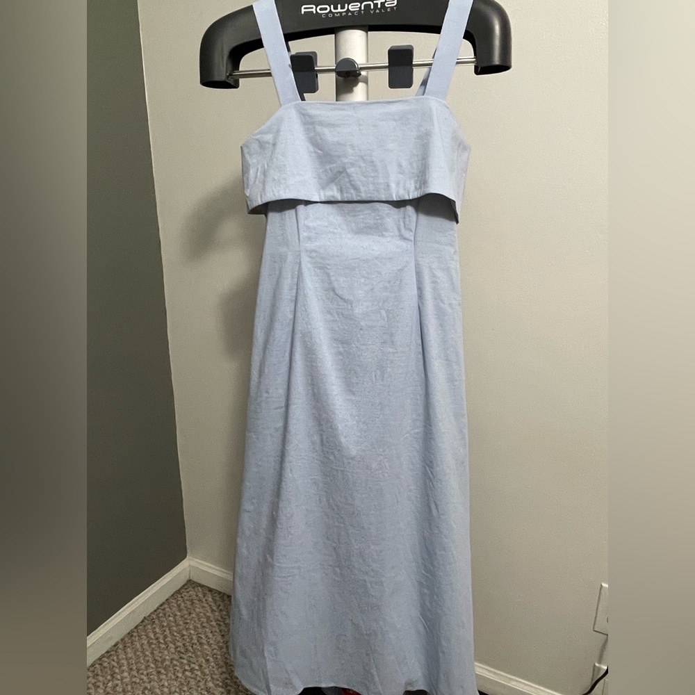 Theory Flap Midi Dress Blue Breeze Eco Crunch Linen Blend NWT Size 0